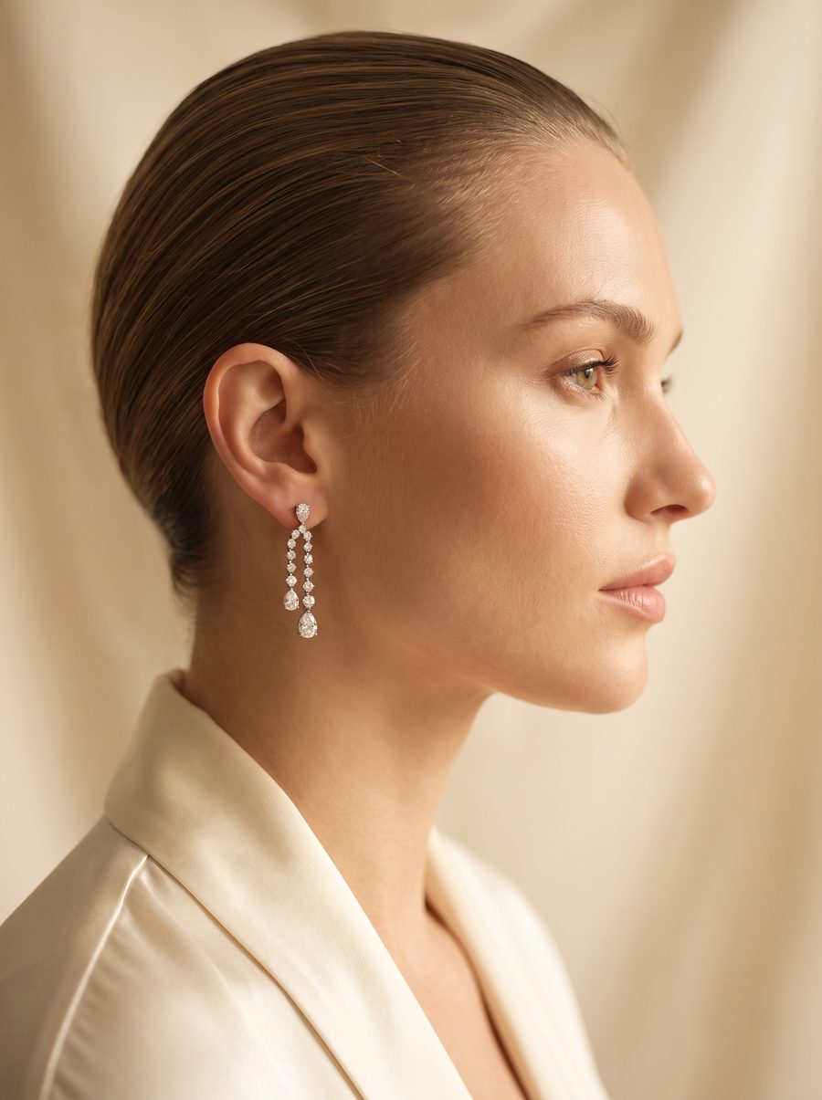 Dangling diamond earrings in profile