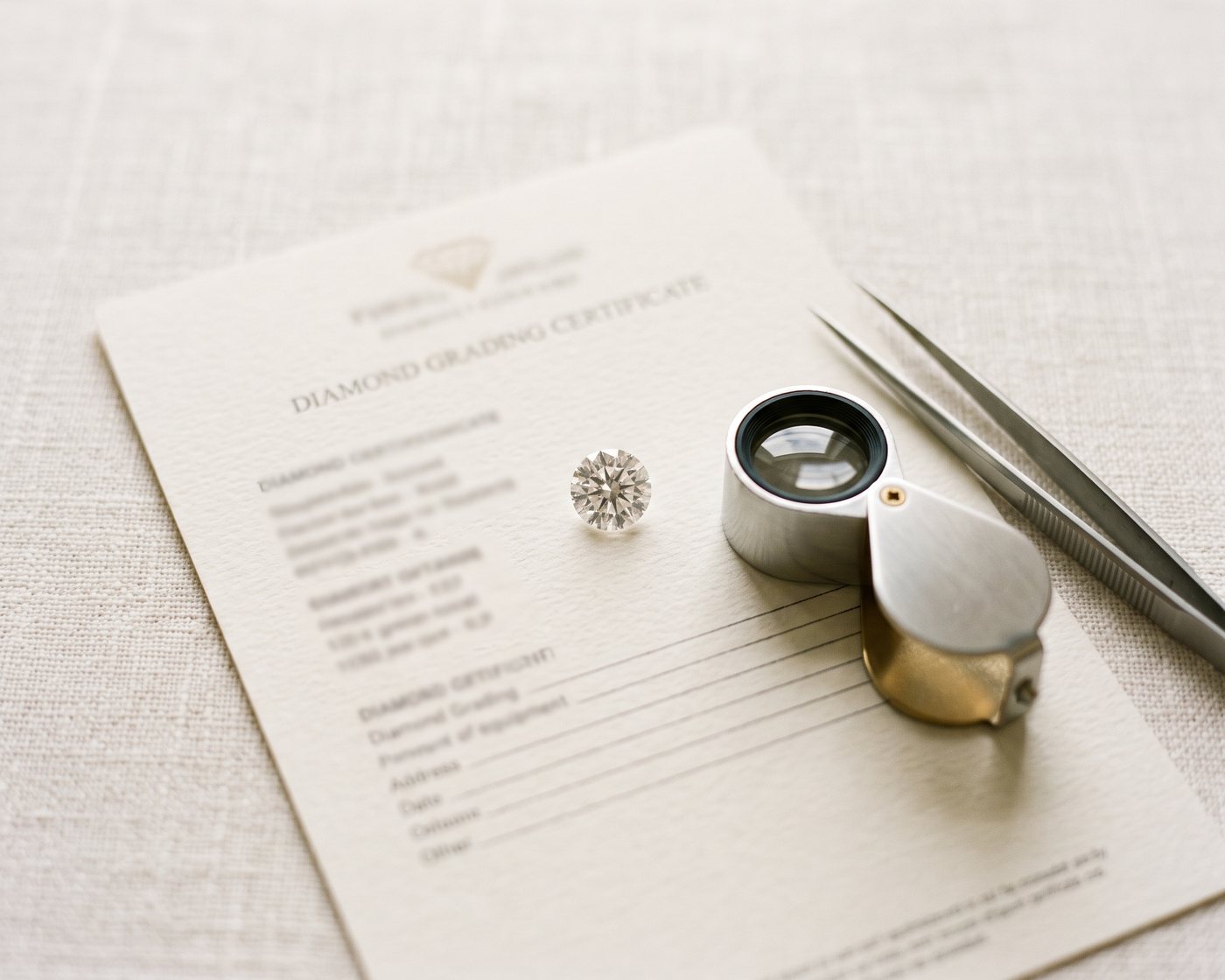 A diamond grading certificate with a loose brilliant, a jeweller's loupe and tweezers