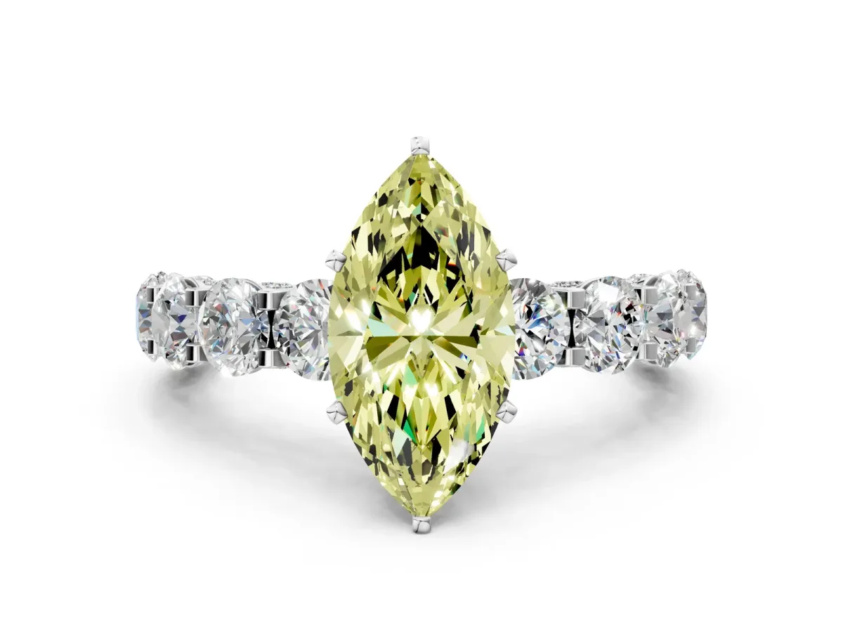 Fancy Yellow Marquise Cut Diamond Side Stone Engagement Ring with Four-Prong Setting Silver