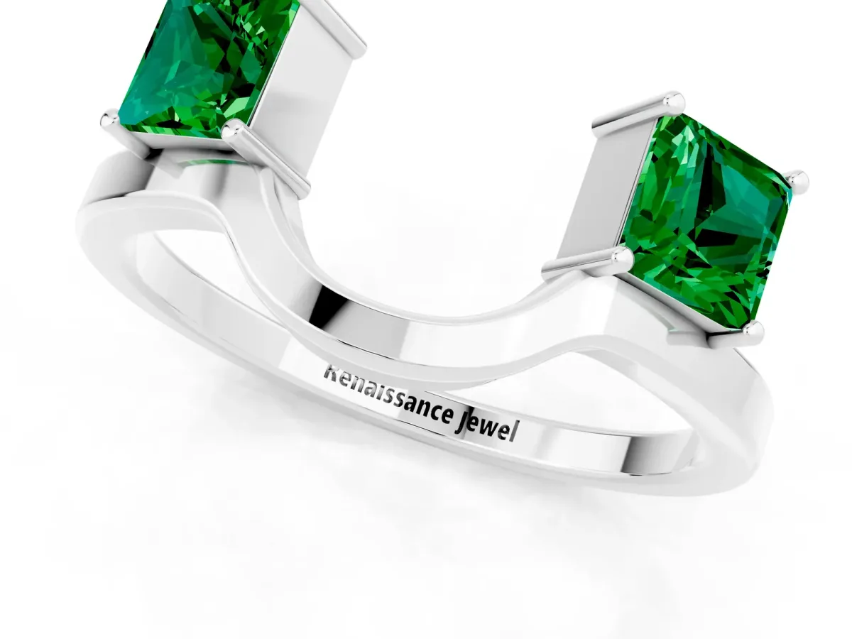 Princess Cut Emerald Two-Stone Open Band Ring with Four-Prong Setting Silver