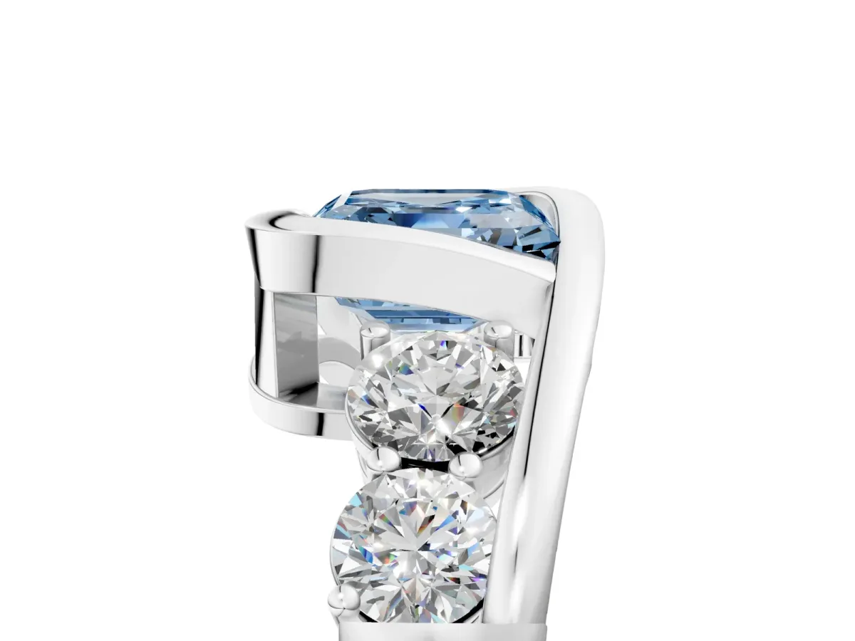 Fancy Blue Bezel Set Asscher Cut Diamond Bypass Ring with Round Accents Platinum