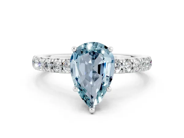 Pear Cut Aquamarine Pave Band Solitaire Ring with Round and Prong Setting White gold