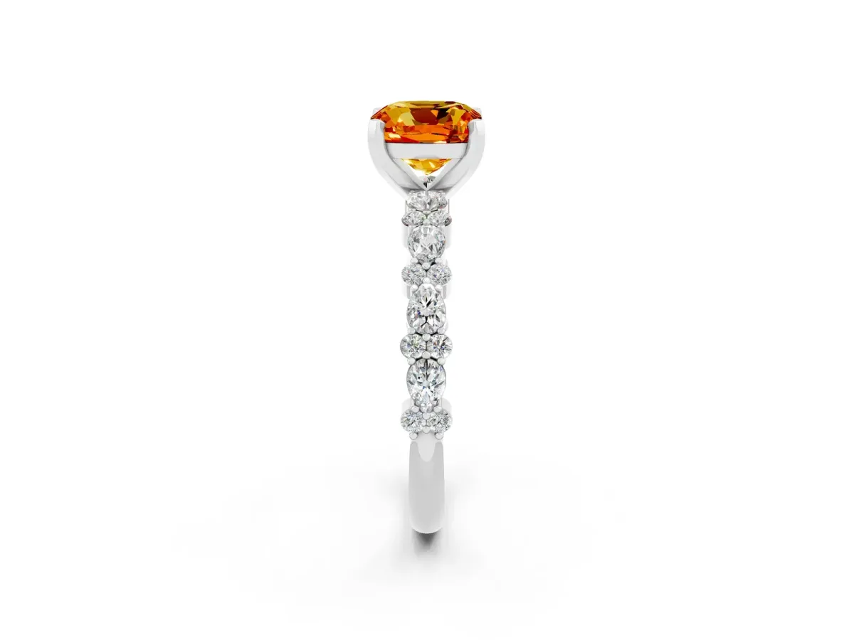 Cushion Cut Citrine Side Stone Solitaire Ring with Round and Four-Prong Setting Platinum
