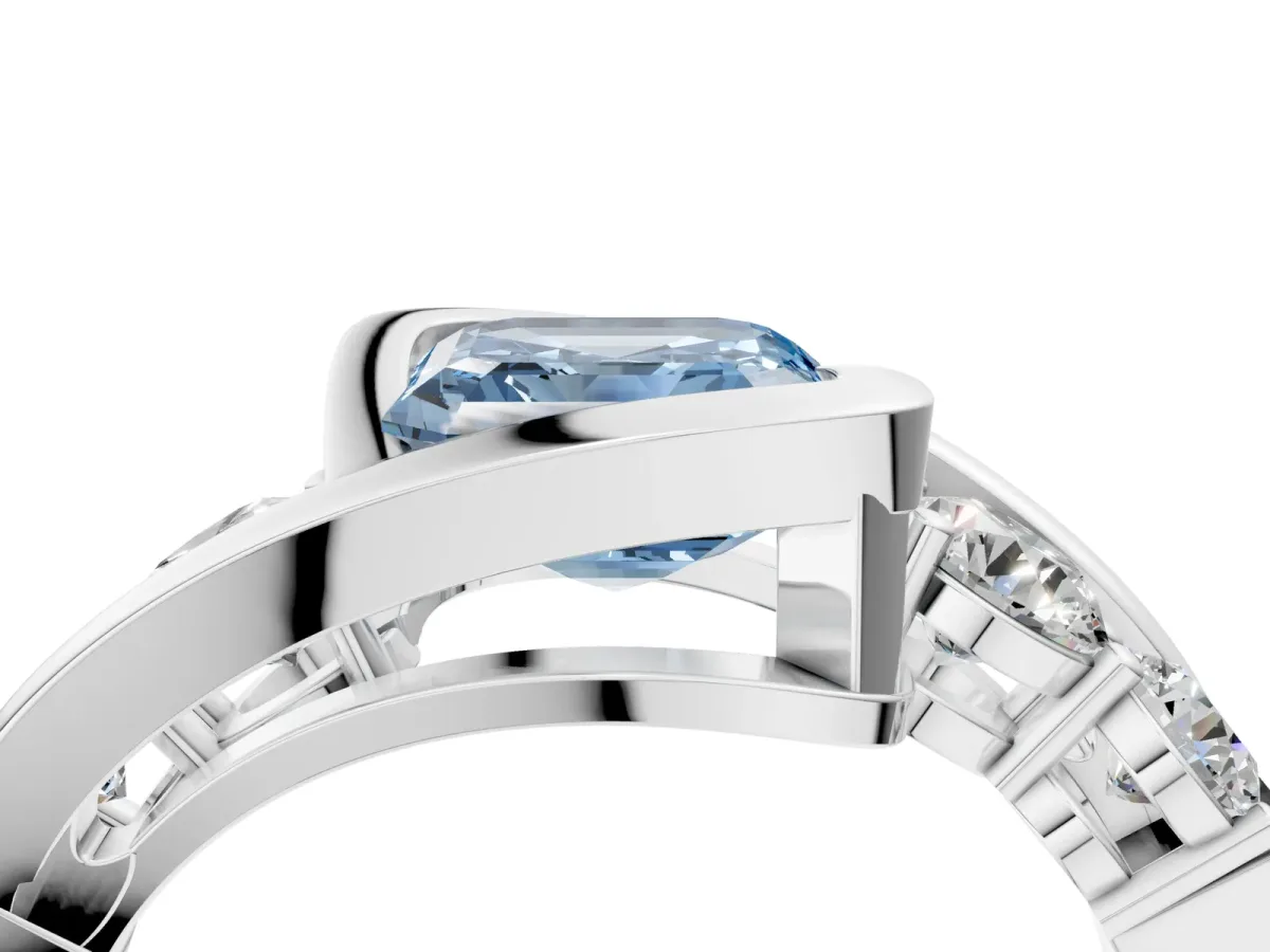 Fancy Blue Bezel Set Asscher Cut Diamond Bypass Ring with Round Accents Platinum
