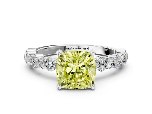 Fancy Yellow Cushion Cut Diamond Side Stone Solitaire Ring with Round and Four-Prong Setting Platinum