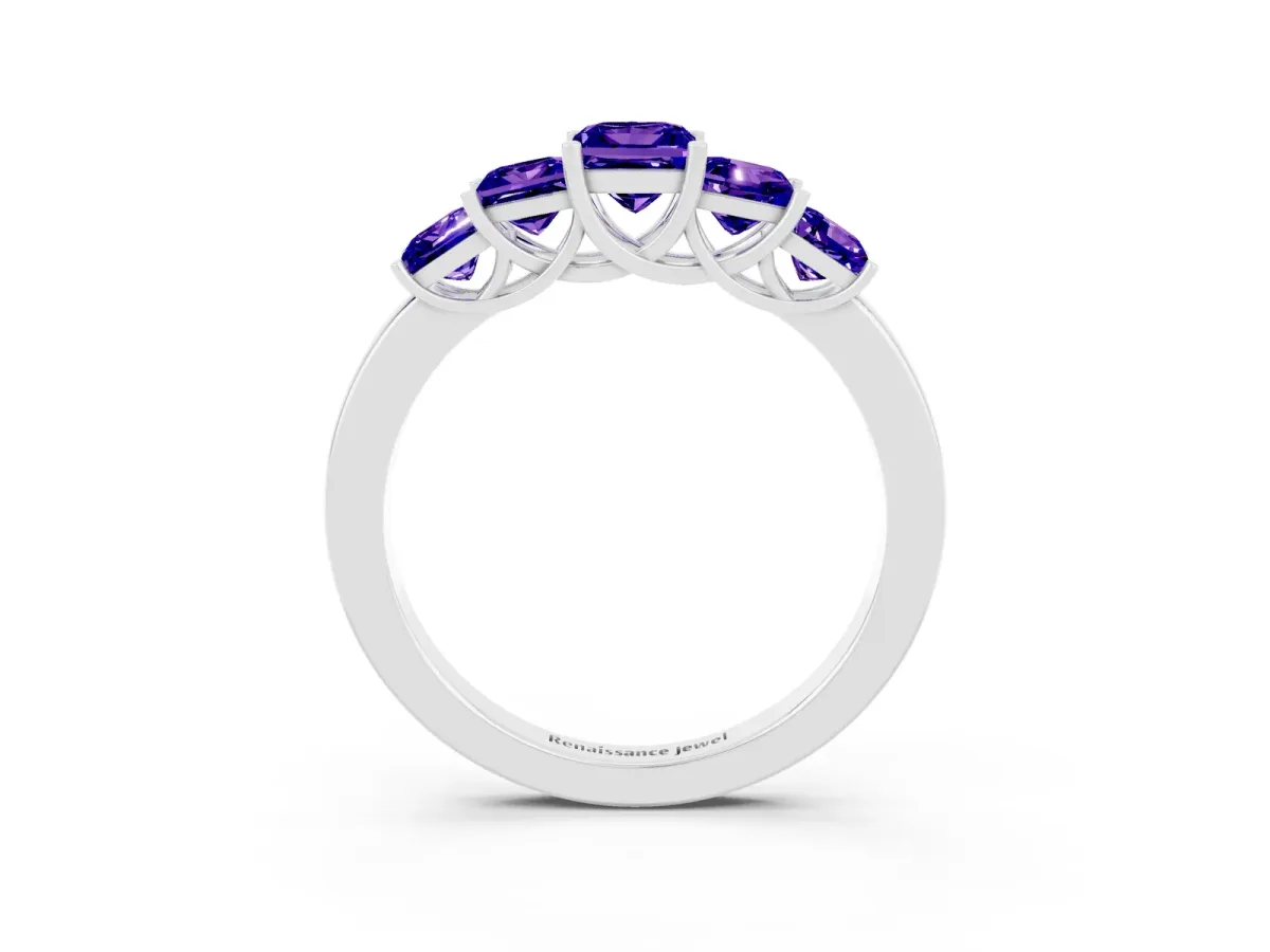 Princess Cut Five-Stone Tanzanite Ring with Classic Prong Setting Silver