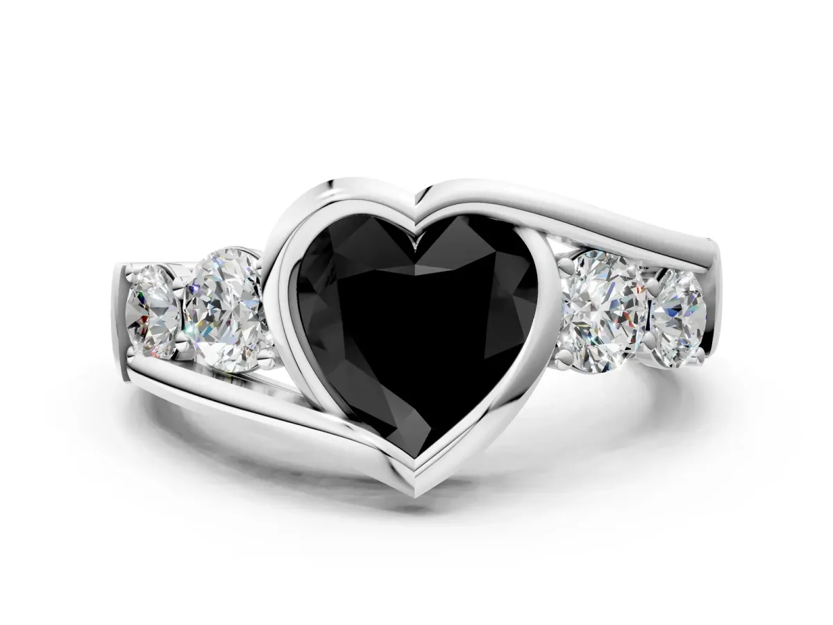 Fancy Black Bezel Set Heart Cut Diamond Bypass Ring with Round Accents Platinum