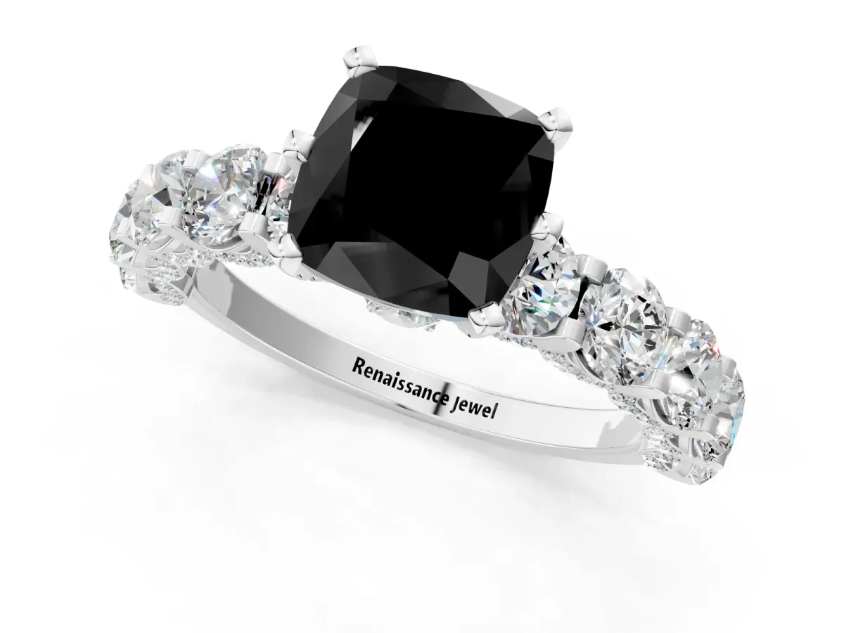 Fancy Black Cushion Cut Diamond Side Stone Engagement Ring with Four-Prong Setting White gold