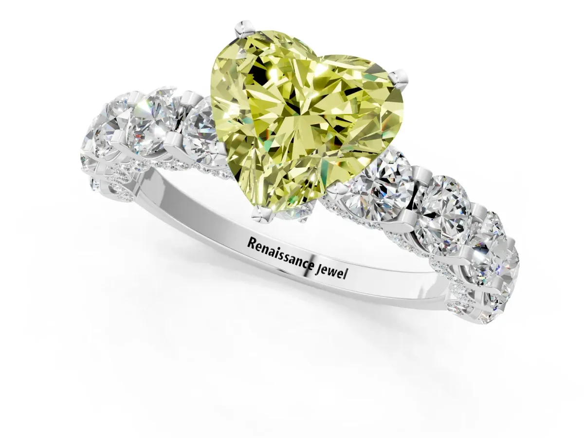 Fancy Yellow Heart Cut Diamond Side Stone Engagement Ring with Four-Prong Setting Silver