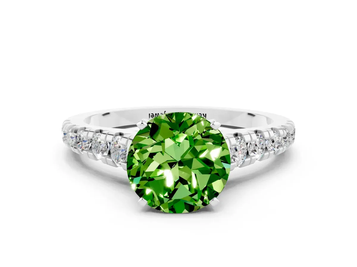 Round Cut Peridot Cathedral Solitaire Ring with Round Pavé Band Platinum