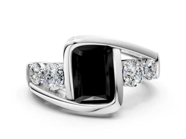 Fancy Black Bezel Set Radiant Cut Diamond Bypass Ring with Round Accents Platinum