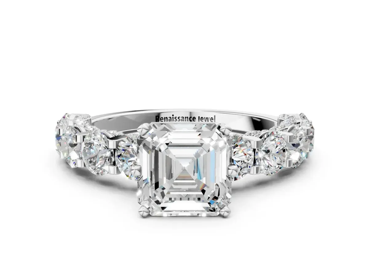 Asscher Cut Diamond Side Stone Engagement Ring with Four-Prong Setting White gold