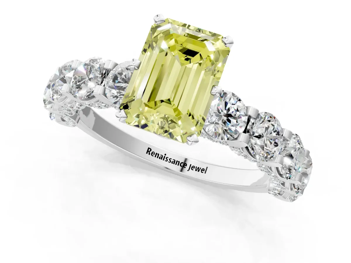 Fancy Yellow Emerald Cut Diamond Side Stone Engagement Ring with Four-Prong Setting White gold
