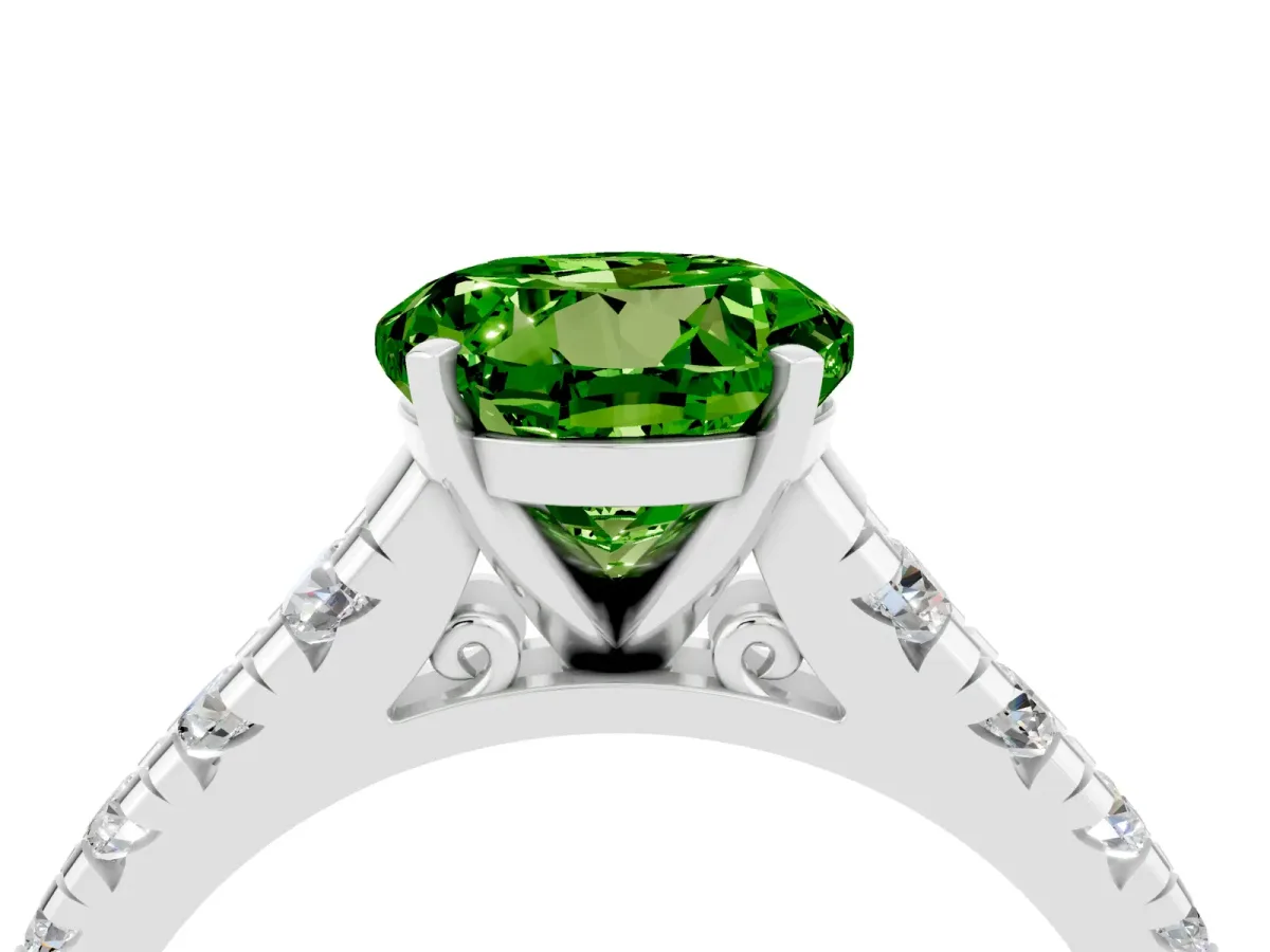 Round Cut Peridot Cathedral Solitaire Ring with Round Pavé Band Platinum