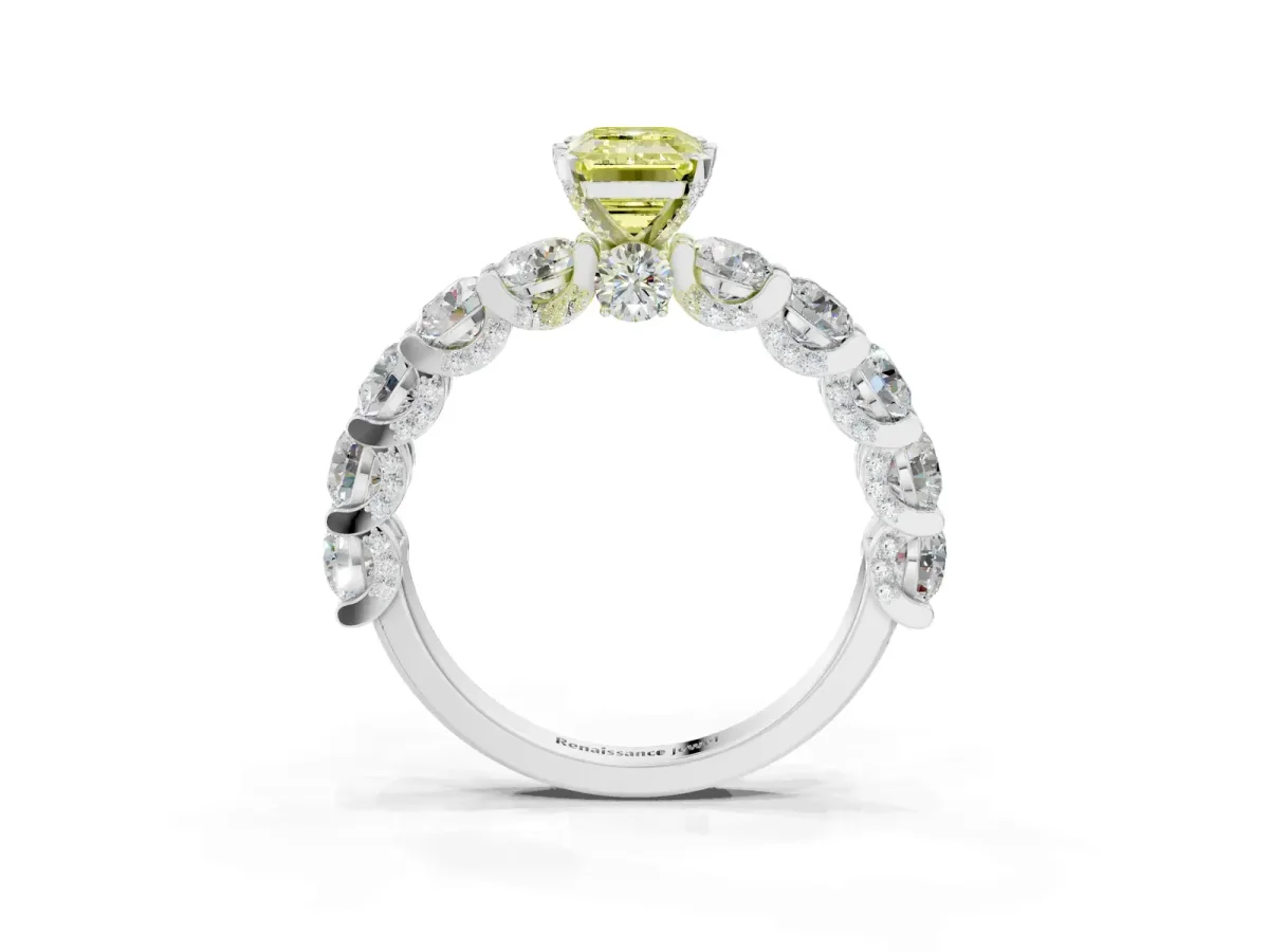 Fancy Yellow Emerald Cut Diamond Side Stone Engagement Ring with Four-Prong Setting White gold