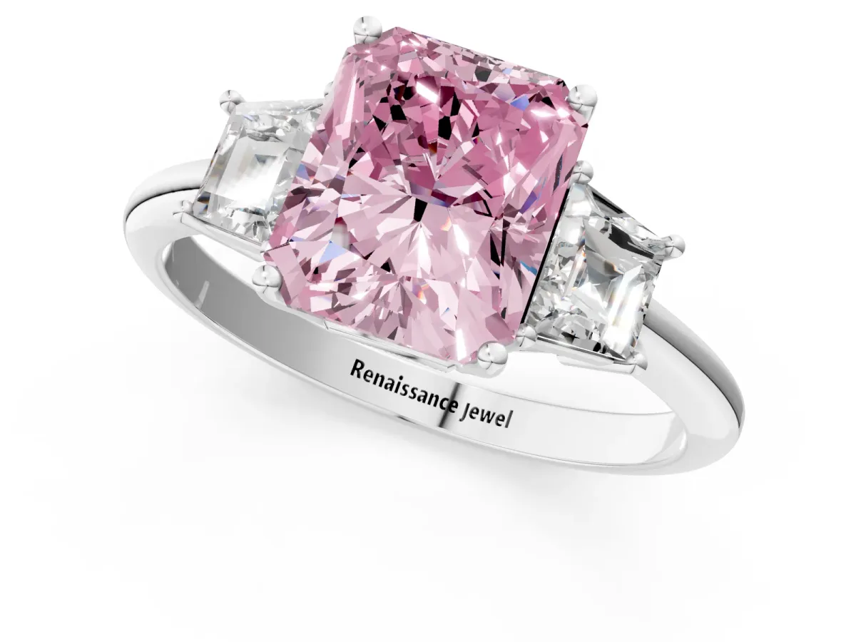 Fancy Pink Radiant Cut Diamond Three-Stone Ring with Trapezoid Side Stones and Prong Setting Silver