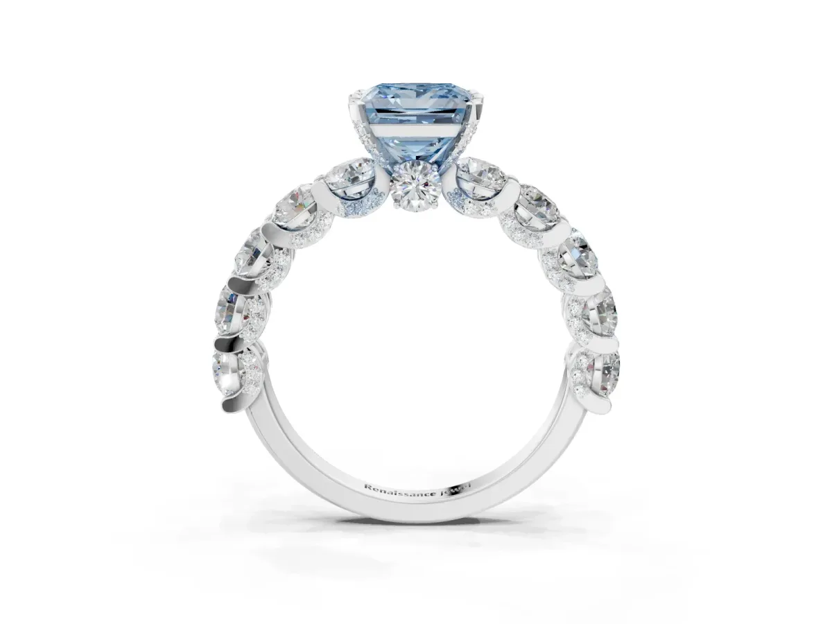 Fancy Blue Princess Cut Diamond Side Stone Engagement Ring with Four-Prong Setting White gold