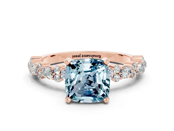 Cushion Cut Aquamarine Side Stone Solitaire Ring with Round and Four-Prong Setting Rose gold