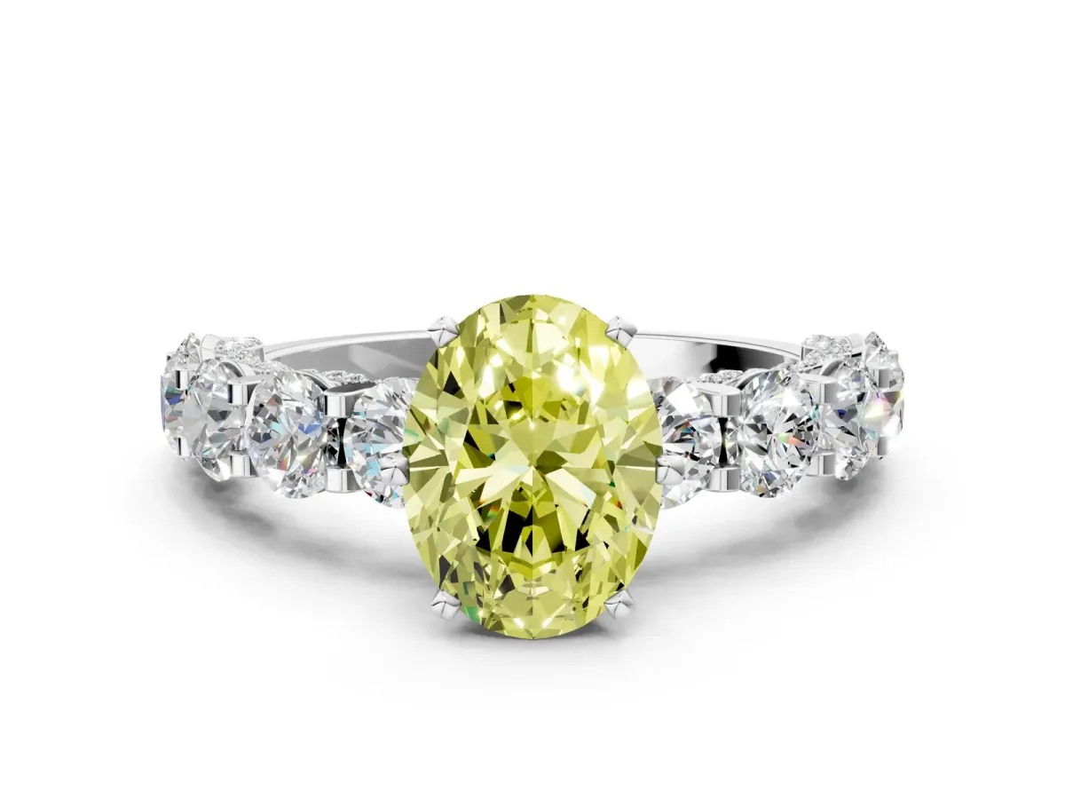 Fancy Yellow Oval Cut Diamond Side Stone Engagement Ring with Four-Prong Setting Silver