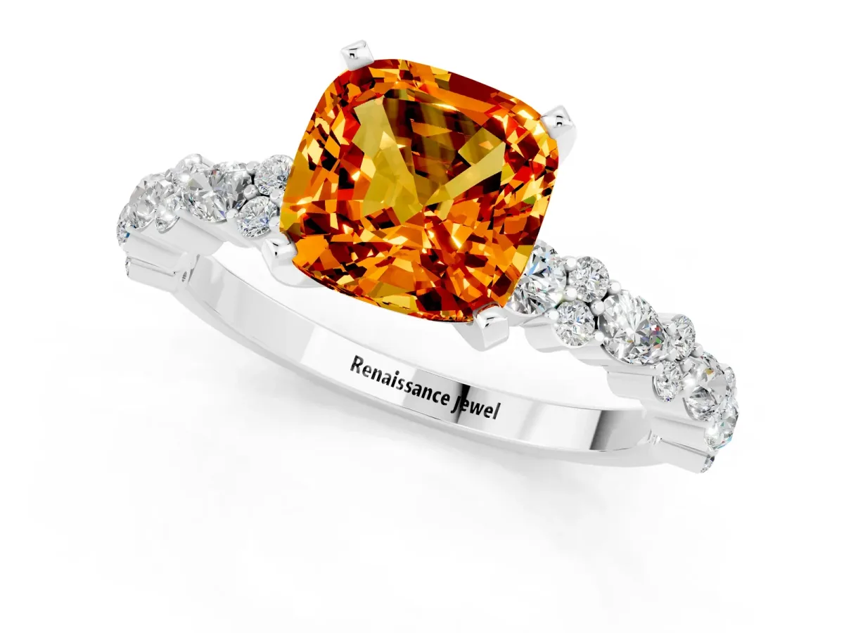 Cushion Cut Citrine Side Stone Solitaire Ring with Round and Four-Prong Setting Platinum