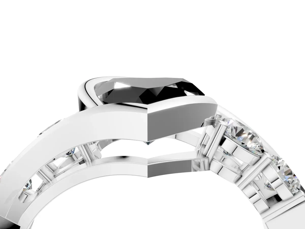 Fancy Black Bezel Set Heart Cut Diamond Bypass Ring with Round Accents Platinum
