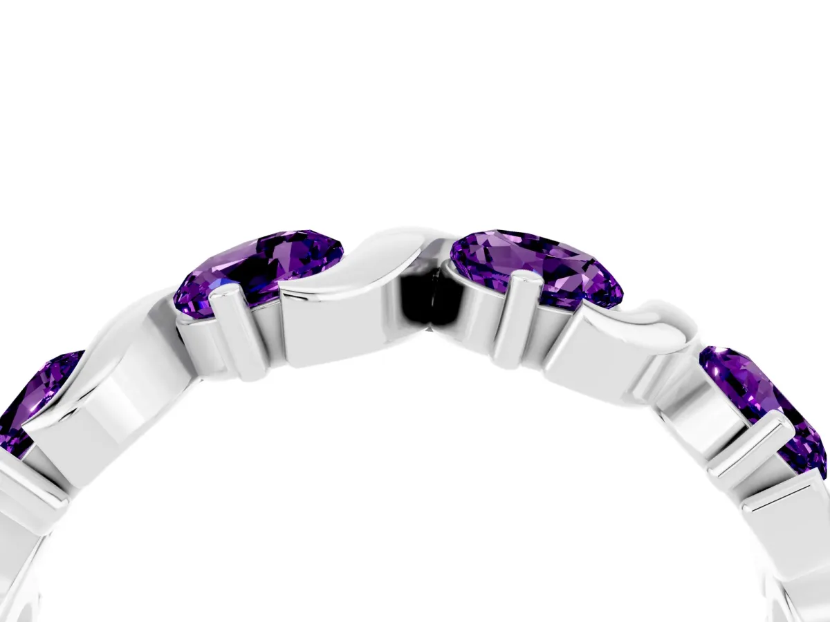 Six-Stone Round Amethyst Wave Band with Shared Prong Setting Silver