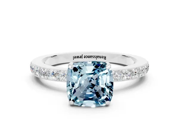 Cushion Cut Aquamarine Solitaire Engagement Ring with Pavé Band and Four-Prong Setting Platinum