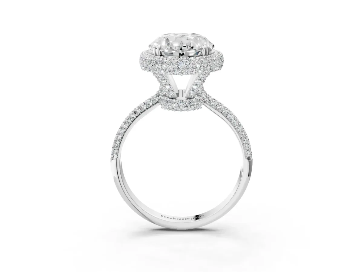 Oval Diamond Halo Ring with Round Diamond Accents Silver