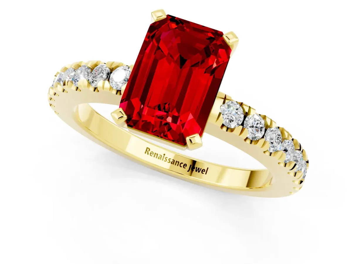Emerald Cut Solitaire Ruby with Pavé Band and Four-Prong Setting Yellow gold