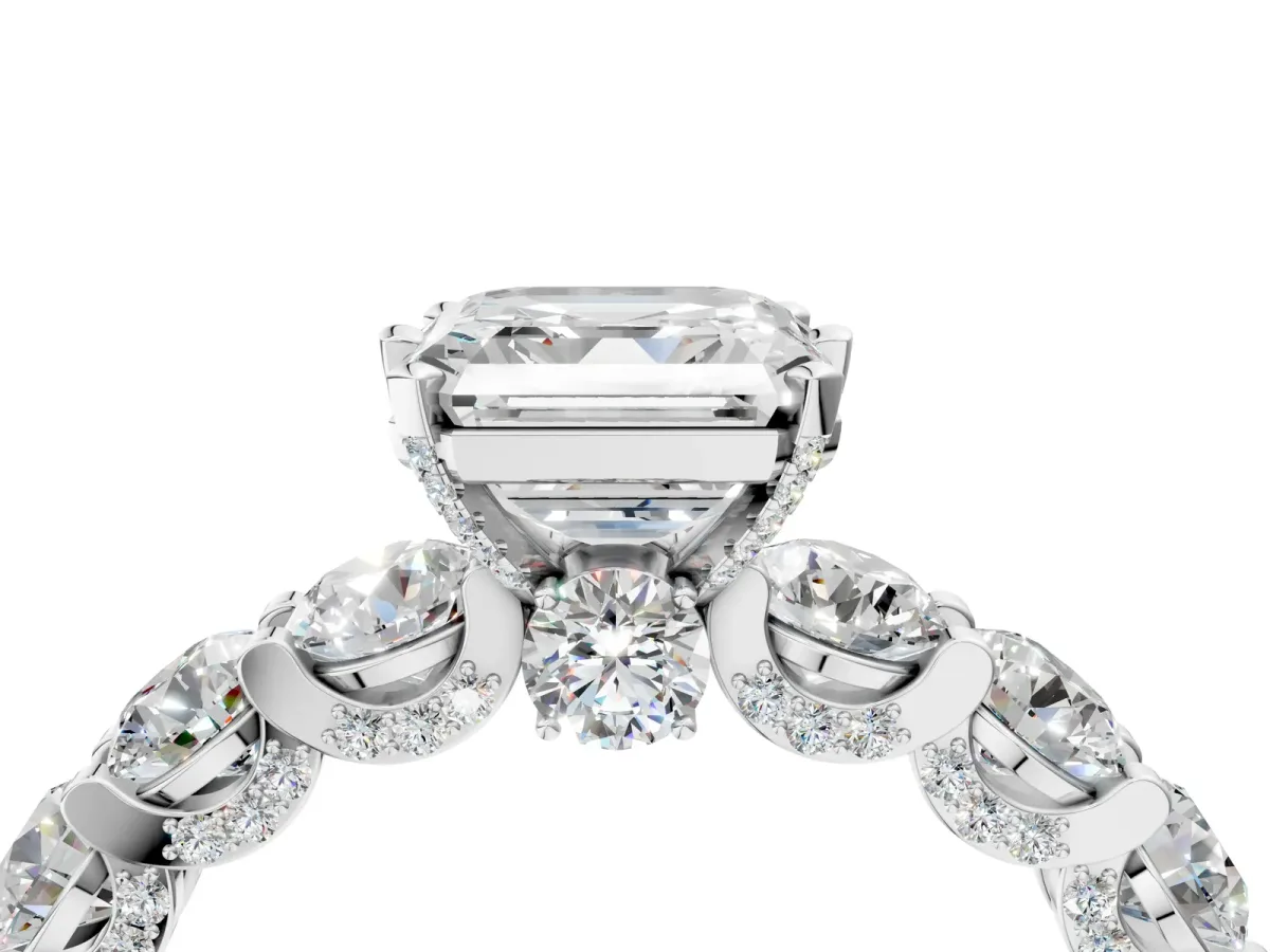 Asscher Cut Diamond Side Stone Engagement Ring with Four-Prong Setting White gold