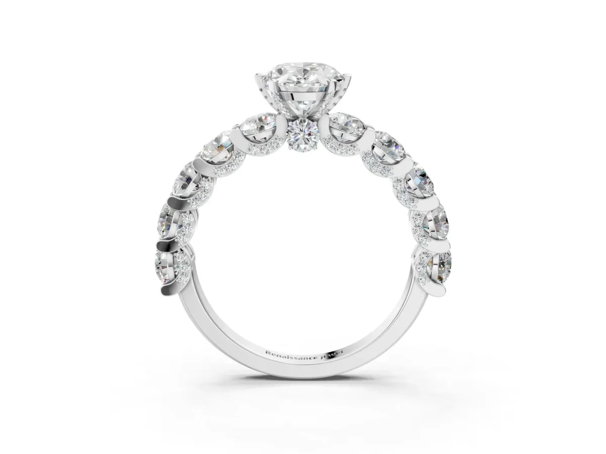 Oval Cut Diamond Side Stone Engagement Ring with Four-Prong Setting White gold