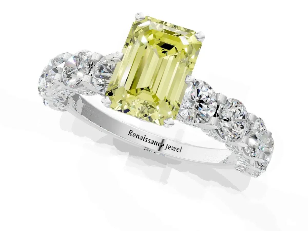 Fancy Yellow Emerald Cut Diamond Side Stone Engagement Ring with Four-Prong Setting White gold