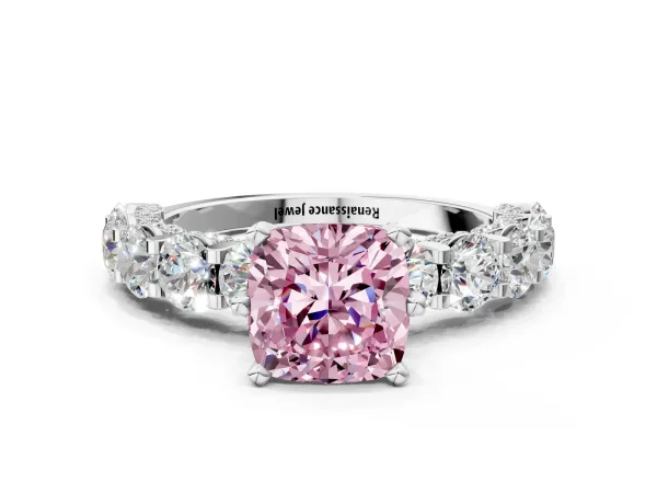 Fancy Pink Cushion Cut Diamond Side Stone Engagement Ring with Four-Prong Setting Silver