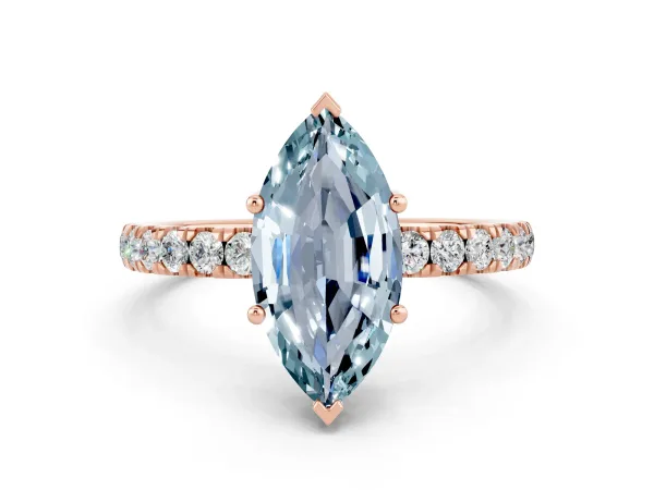 Marquise Cut Aquamarine Pave Band Solitaire Ring with Round and Prong Setting Rose gold