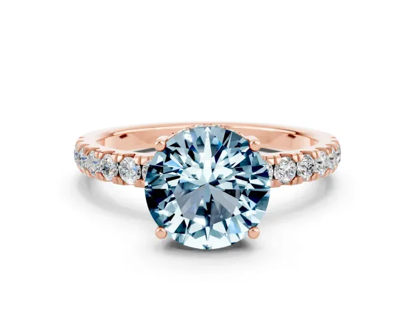 Round Cut Aquamarine Pave Band Solitaire Ring with Round and Prong Setting Rose gold
