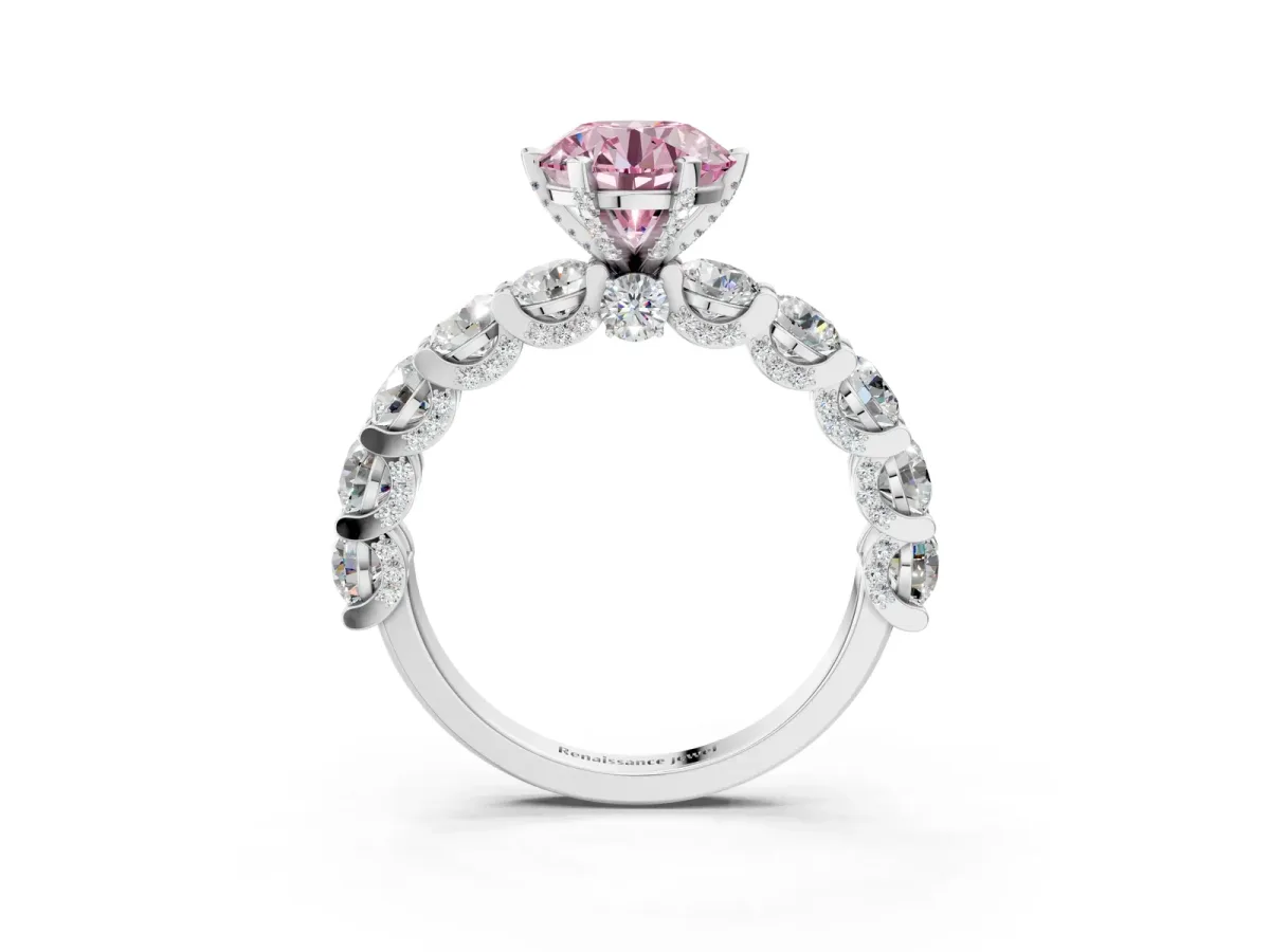 Fancy Pink Round Cut Diamond Side Stone Engagement Ring with Four-Prong Setting White gold