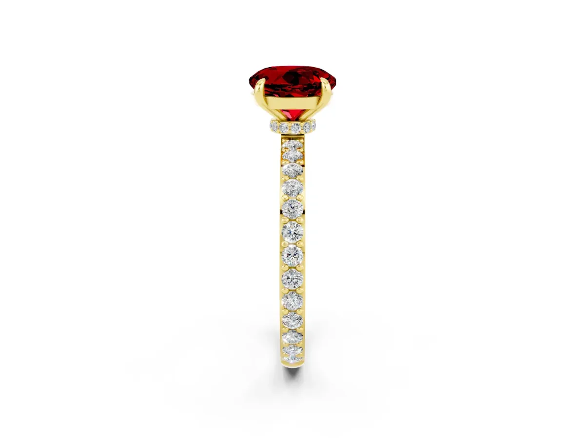 Round Cut Ruby Solitaire Engagement Ring with Pavé Band and Four-Prong Setting Yellow gold