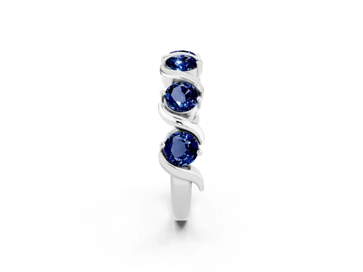 Six-Stone Round Blue Sapphire Wave Band with Shared Prong Setting Silver