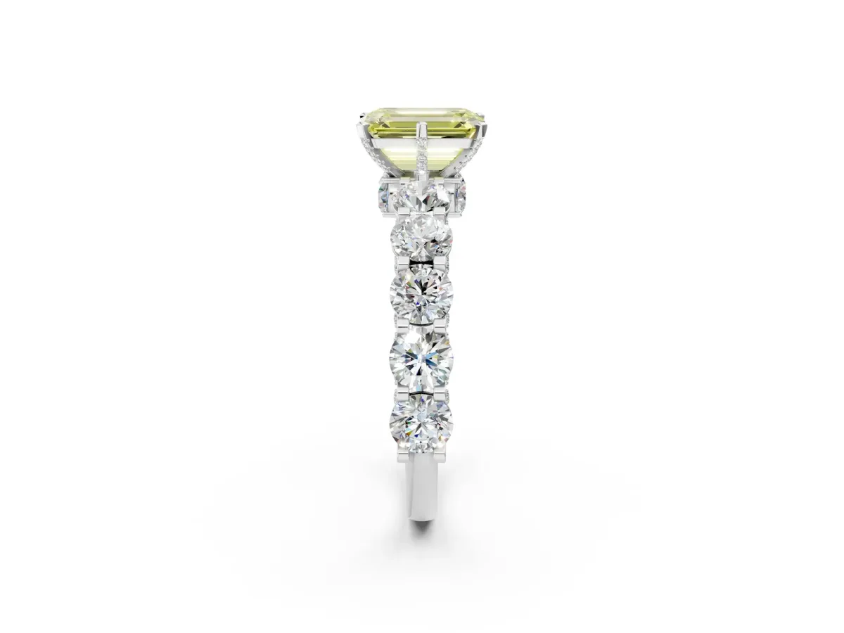 Fancy Yellow Emerald Cut Diamond Side Stone Engagement Ring with Four-Prong Setting White gold