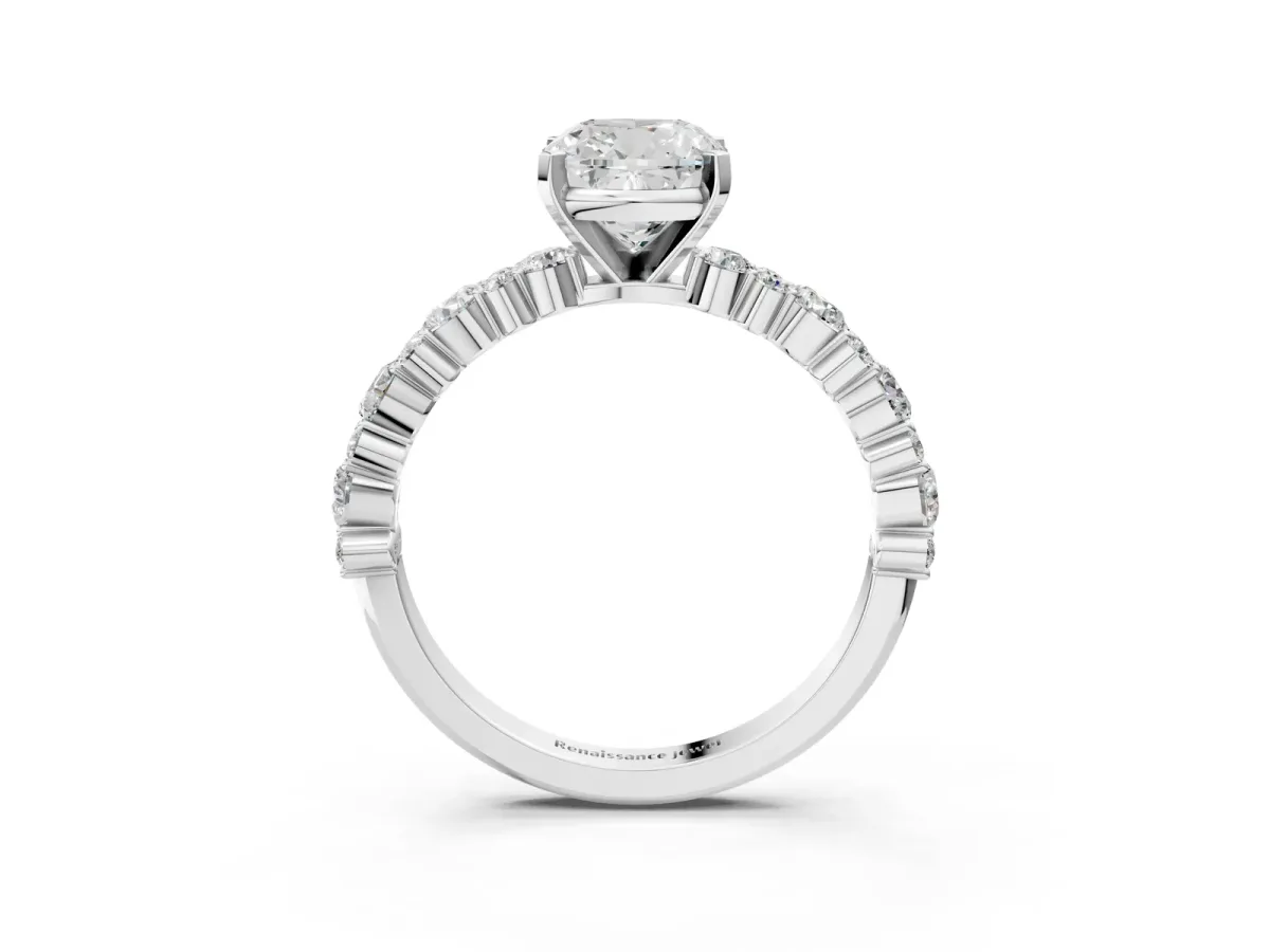 Cushion Cut Diamond Side Stone Solitaire Ring with Round and Four-Prong Setting Platinum