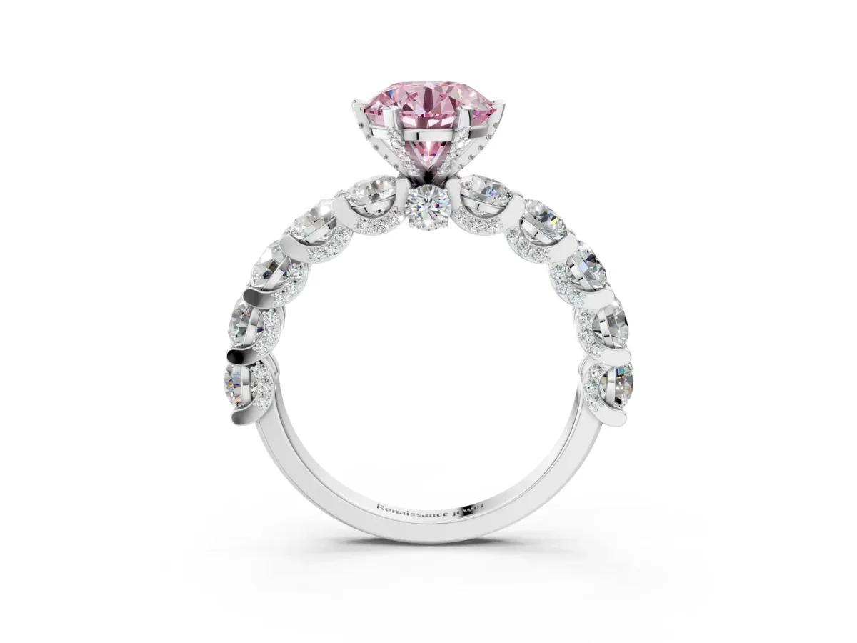 Fancy Pink Round Cut Diamond Side Stone Engagement Ring with Four-Prong Setting White gold