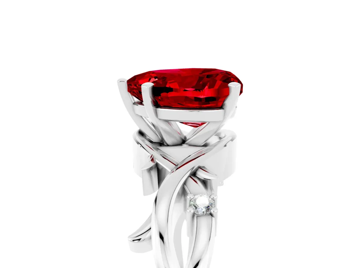 Heart Cut Ruby Solitaire Ring with Twisted Band and Prong Setting Platinum