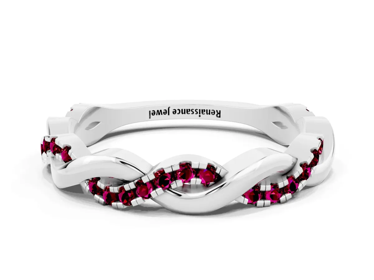 Round Garnet Twist Eternity Band with Pavé Setting Silver