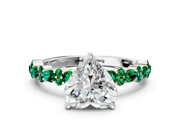 Heart Cut Diamond Side Stone Solitaire Ring with Round Emerald and Four-Prong Setting Platinum