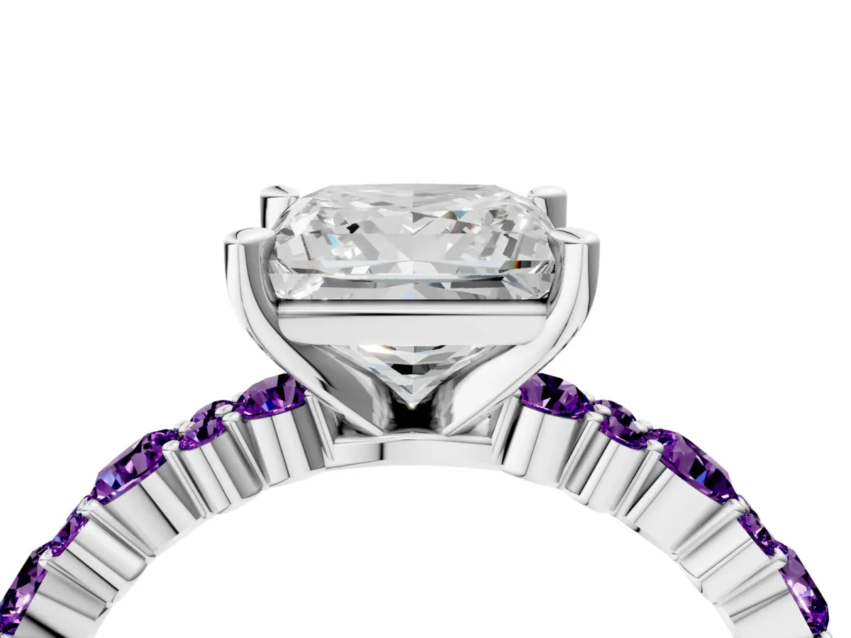 Princess Cut Diamond Side Stone Solitaire Ring with Round Amethyst and Four-Prong Setting Platinum