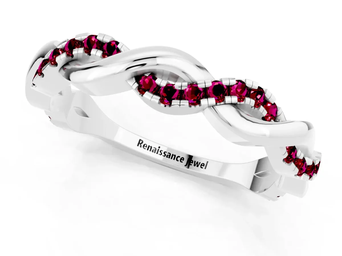 Round Garnet Twist Eternity Band with Pavé Setting Silver