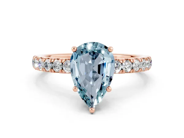 Pear Cut Aquamarine Pave Band Solitaire Ring with Round and Prong Setting Rose gold