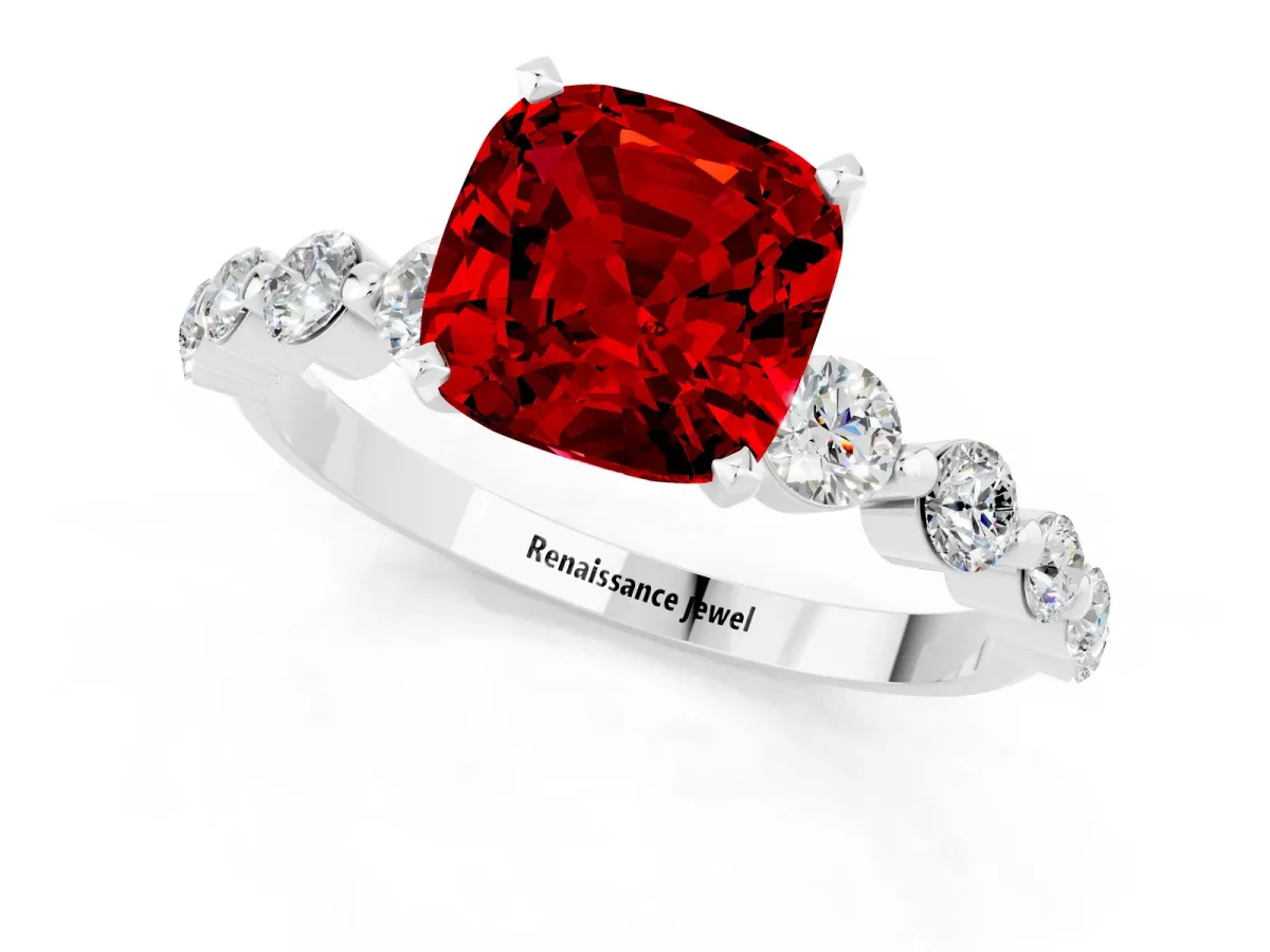 Cushion Cut Solitaire Ruby Ring with Pave Band and Four-Prong Setting Silver
