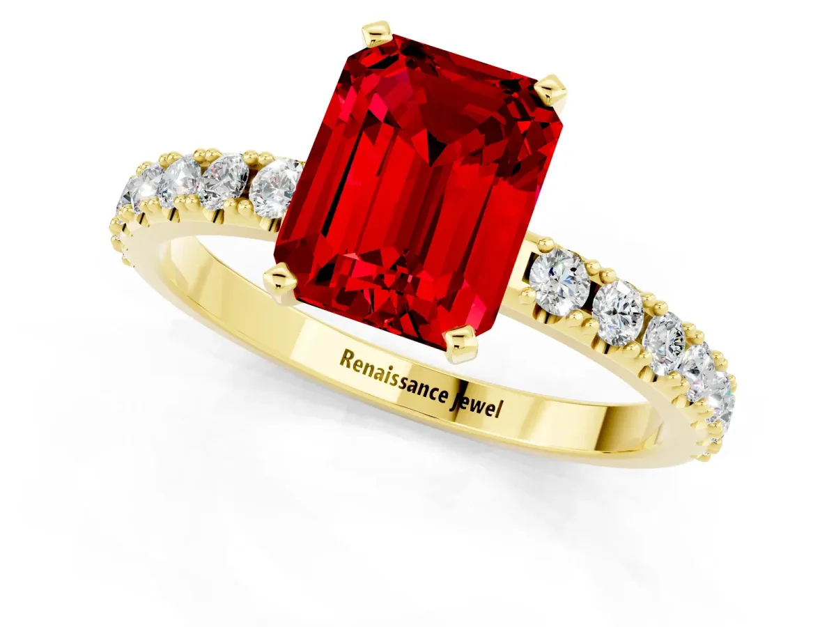 Emerald Cut Ruby Solitaire Pavé Band with Four-Prong Setting Yellow gold