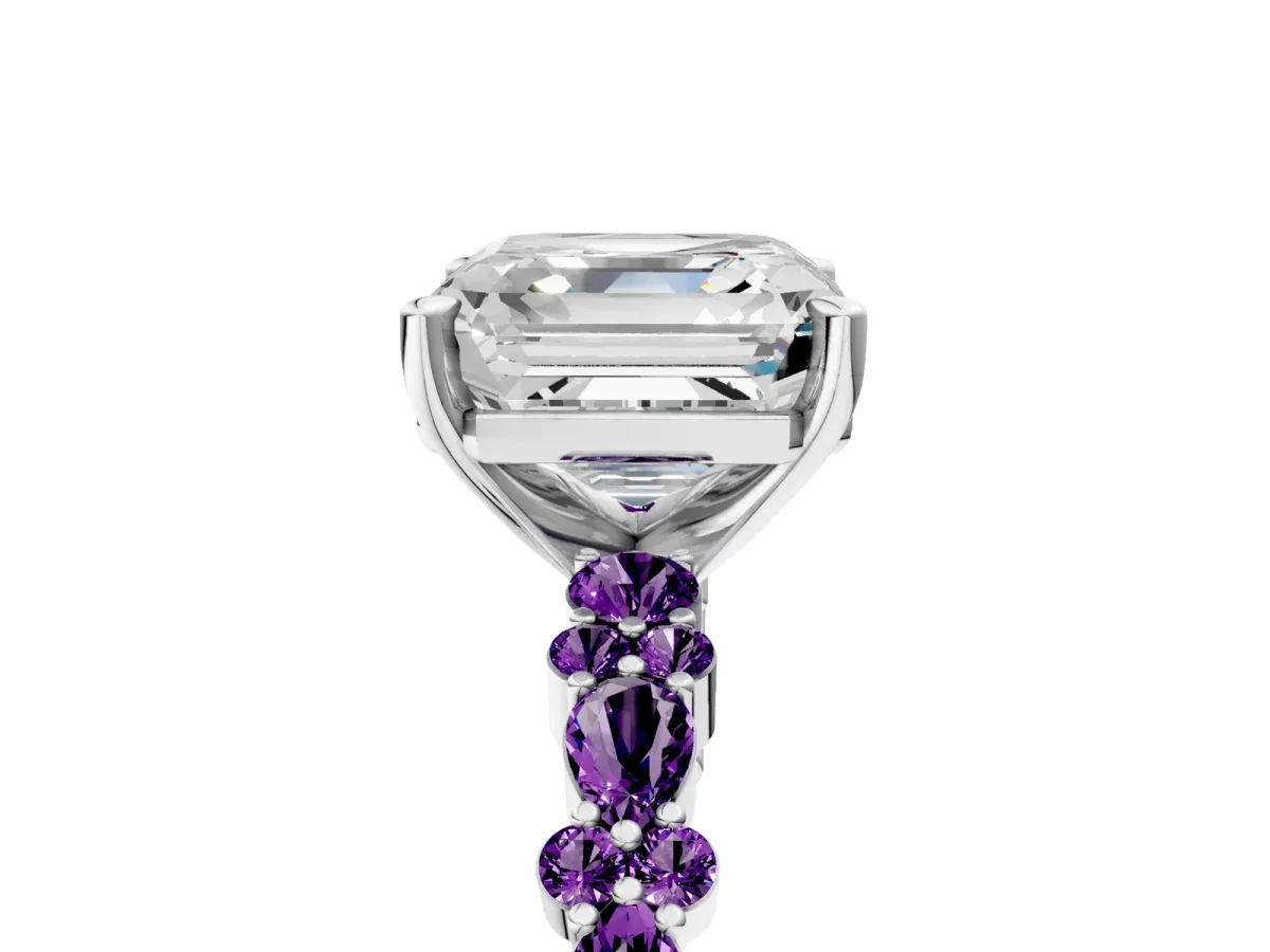 Asscher Cut Diamond Side Stone Solitaire Ring with Round Amethyst and Four-Prong Setting Platinum